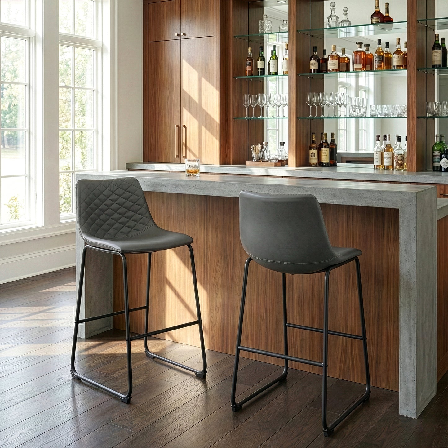 Set of 2 Ave Iron Frame Gray Faux Leather Bar Stool with Stitching