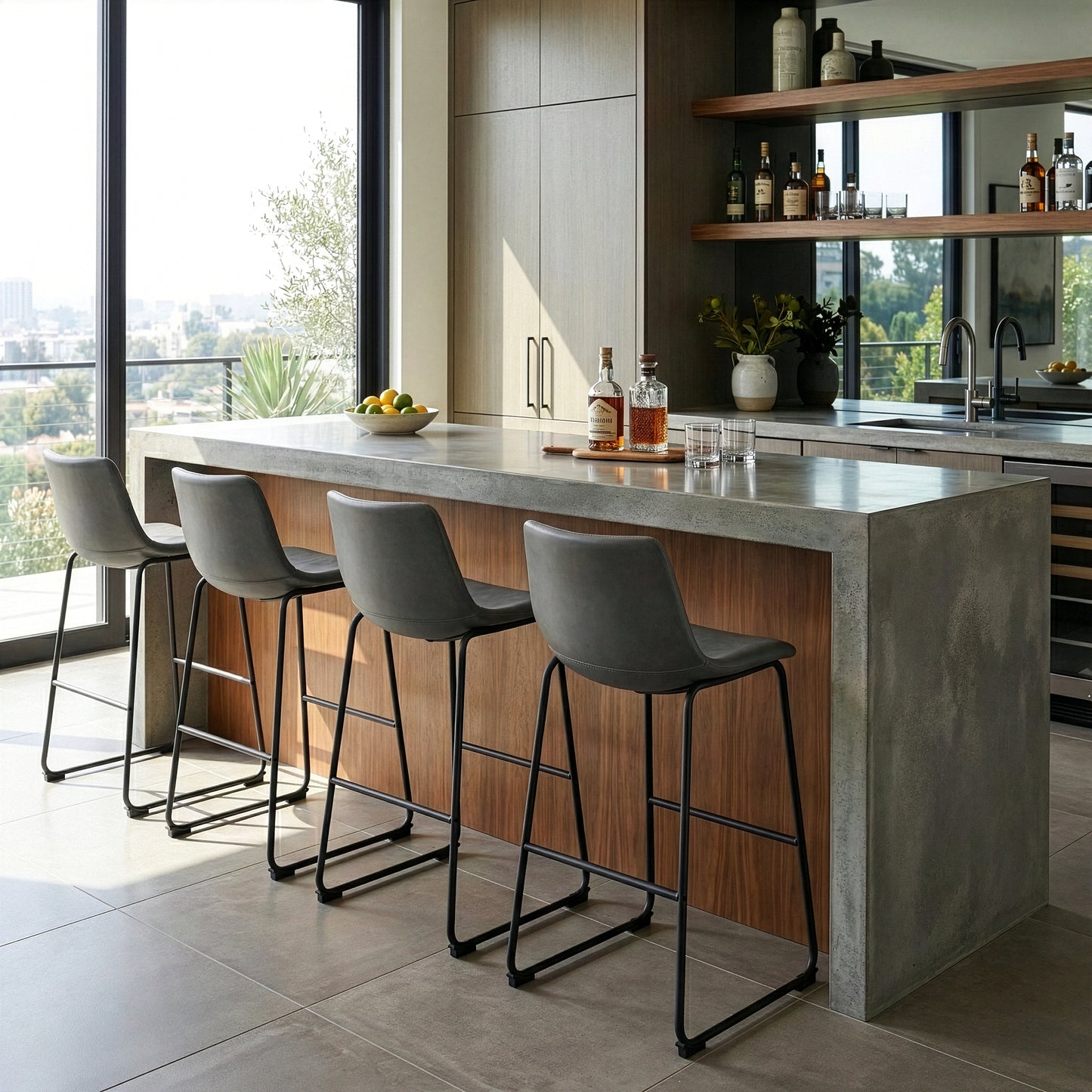 Set of 2 Ave Iron Frame Gray Faux Leather Bar Stool with Stitching