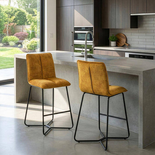 Set of 2 Avent Capuccino Brown Fabric Counter Stool with Black Metal Legs