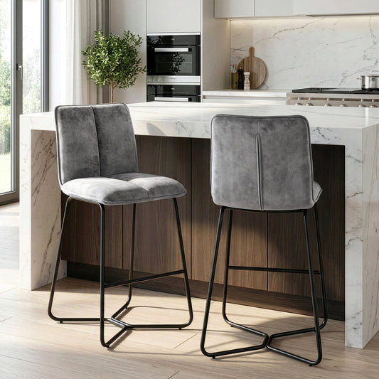 Set of 2 Avent Gray Fabric Counter Stool with Black Metal Legs
