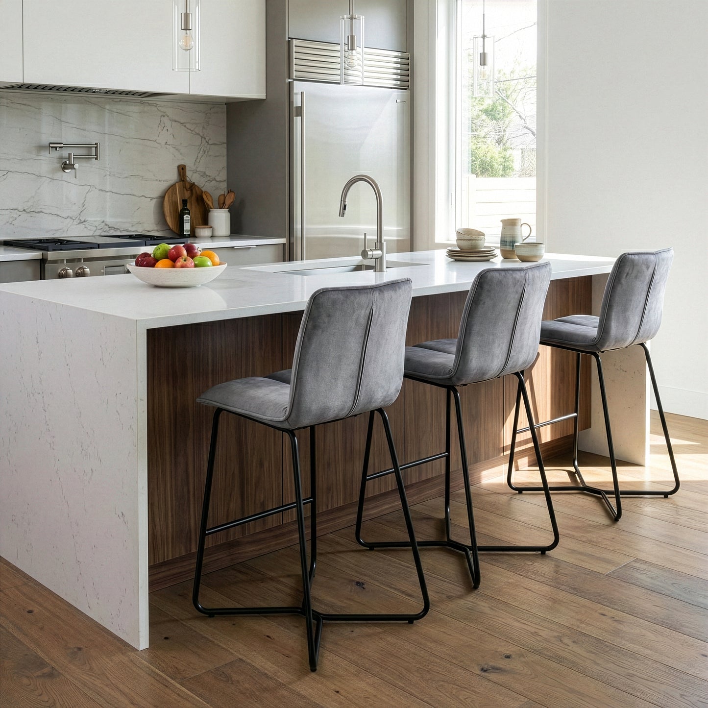 Set of 2 Avent Gray Fabric Counter Stool with Black Metal Legs