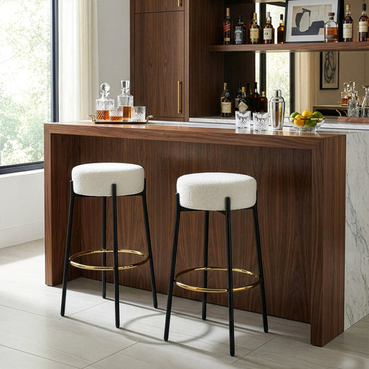 Set of 2 Avon Beige Boucle Backless Bar Stool with Black Metal Legs