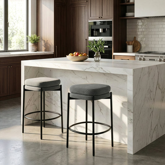 Set of 2 Avril Gray Boucle Backless Counter Stool with Black Metal Legs