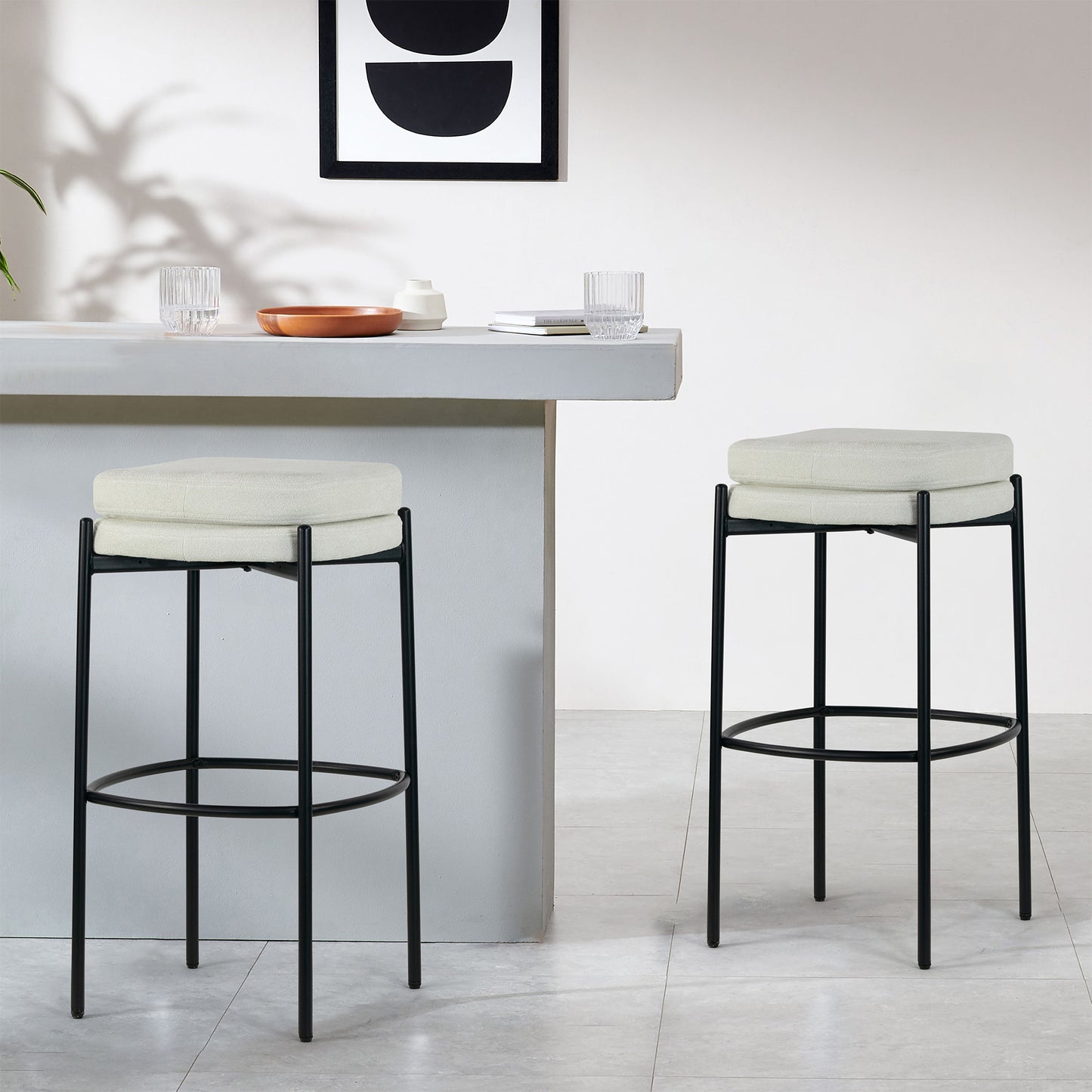 Set of 2 Avril White Boucle Backless Bar Stool with Black Metal Legs