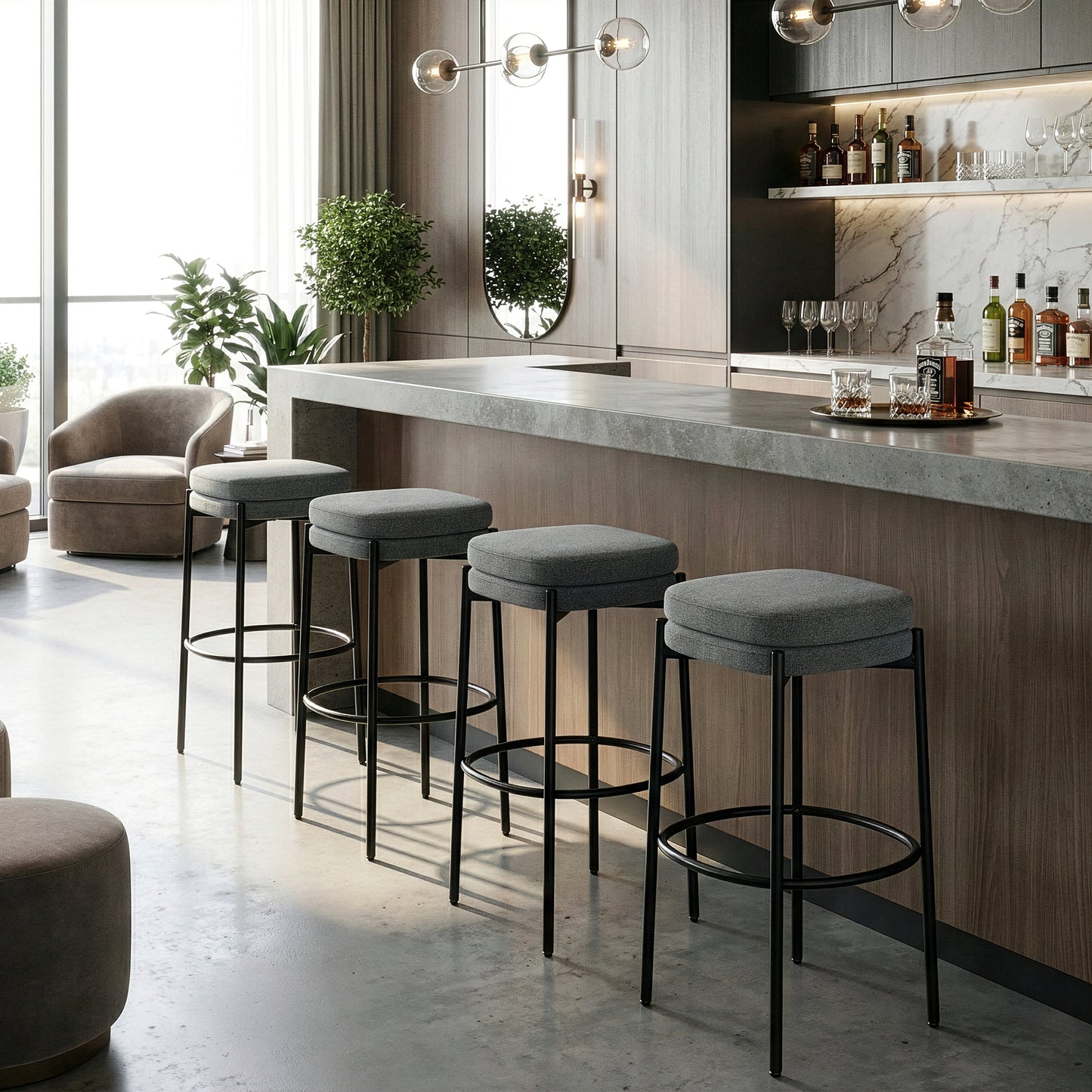Set of 2 Avril Gray Boucle Backless Bar Stool with Black Metal Legs