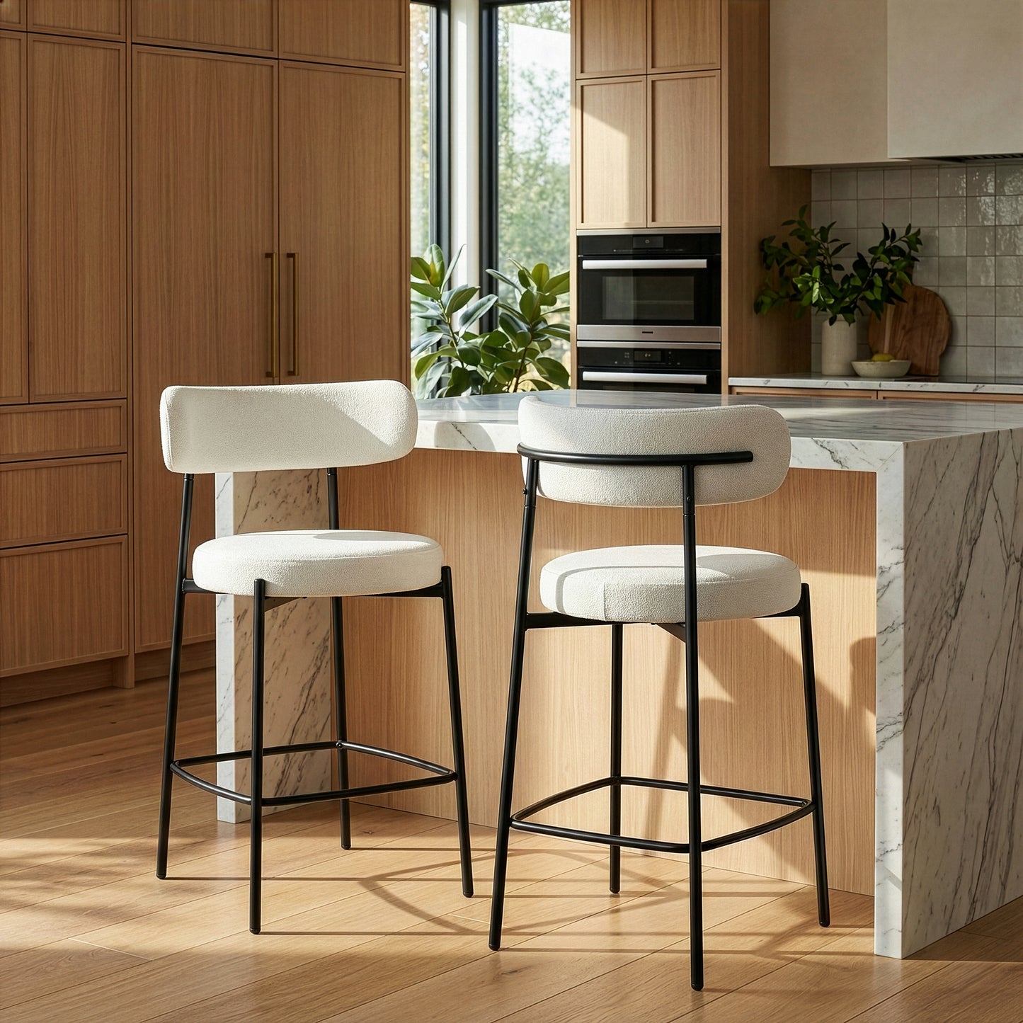 Set of 2 Awen White Boucle Counter Stool with Black Legs