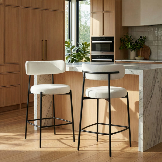 Set of 2 Awen White Boucle Counter Stool with Black Legs