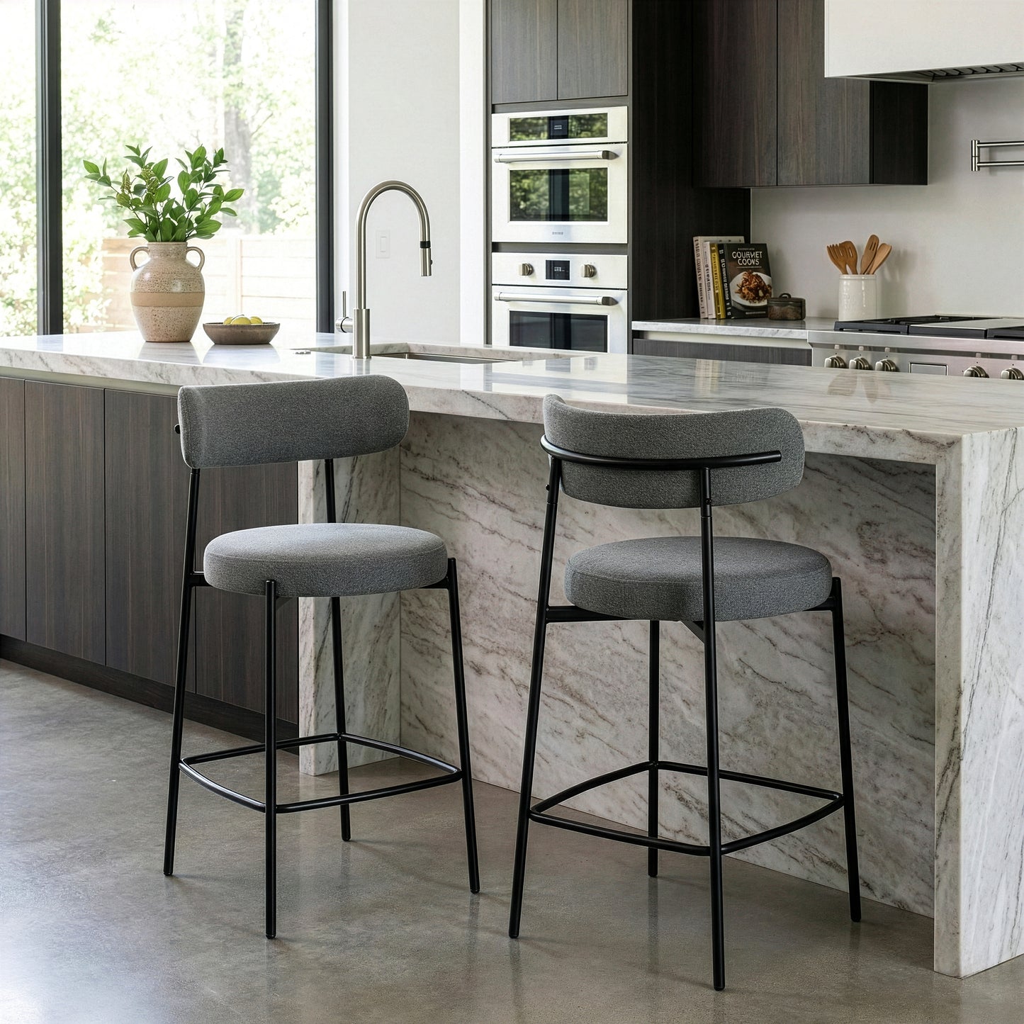 Set of 2 Awen Gray Boucle Counter Stool with Black Legs