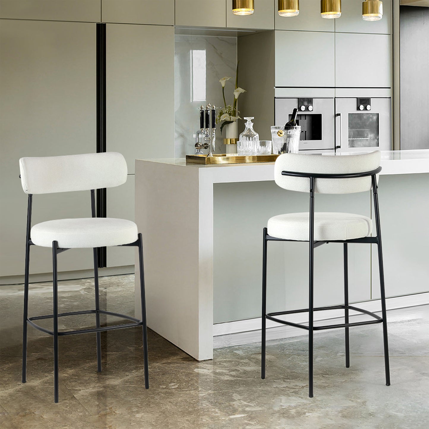 Set of 2 Awen White Boucle Bar Stool with Black Legs