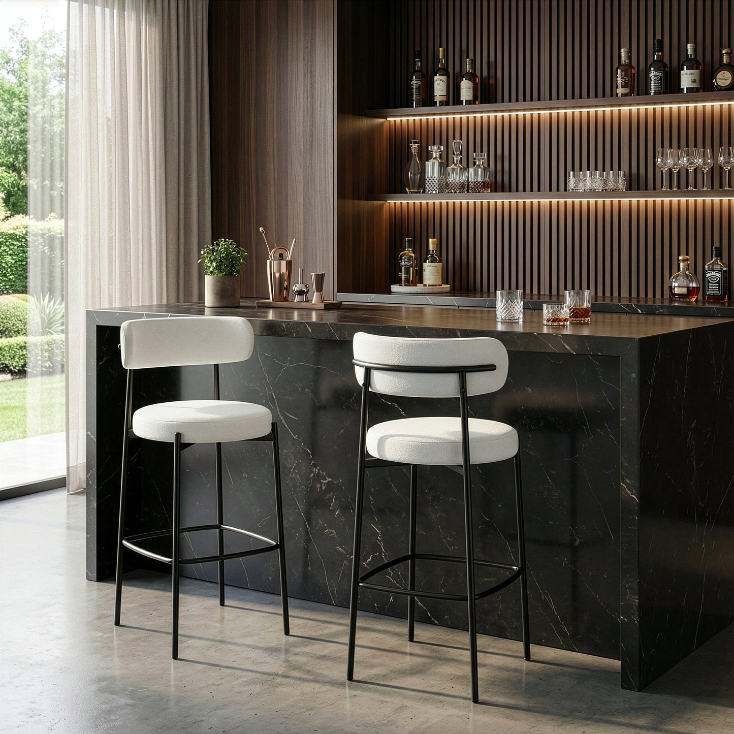 Set of 2 Awen White Boucle Bar Stool with Black Legs
