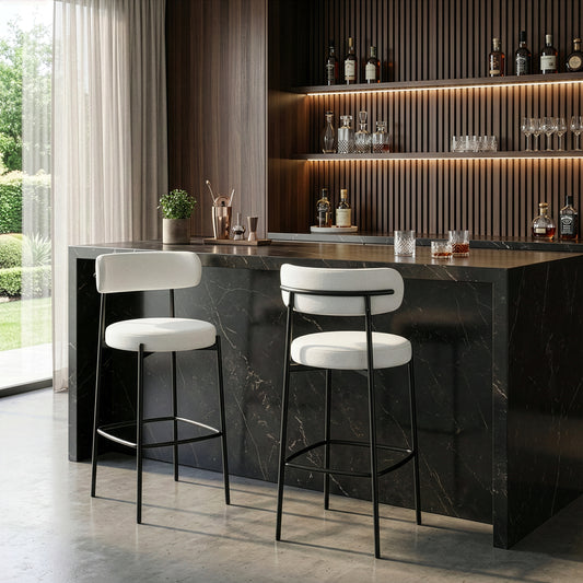 Set of 2 Awen White Boucle Bar Stool with Black Legs