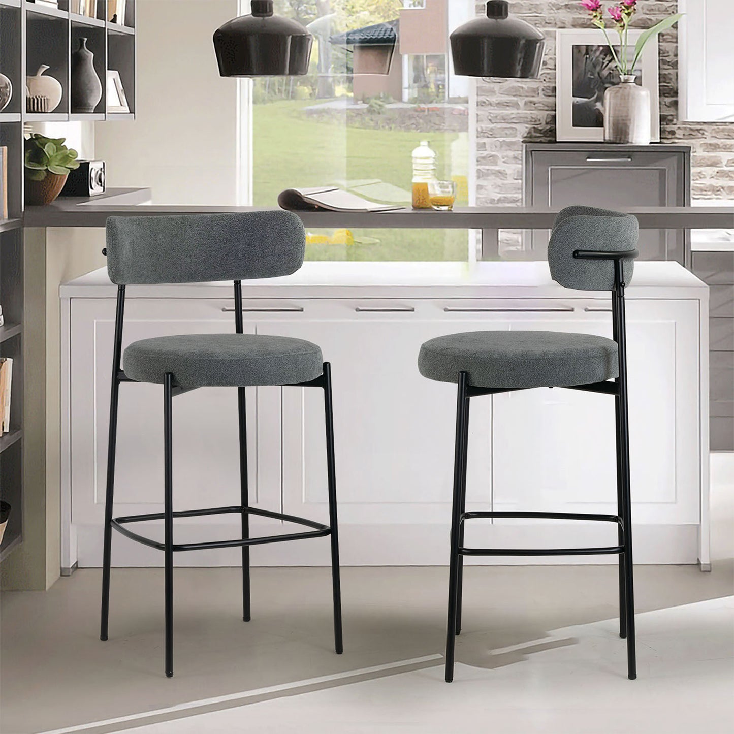 Set of 2 Awen Gray Boucle Bar Stool with Black Legs