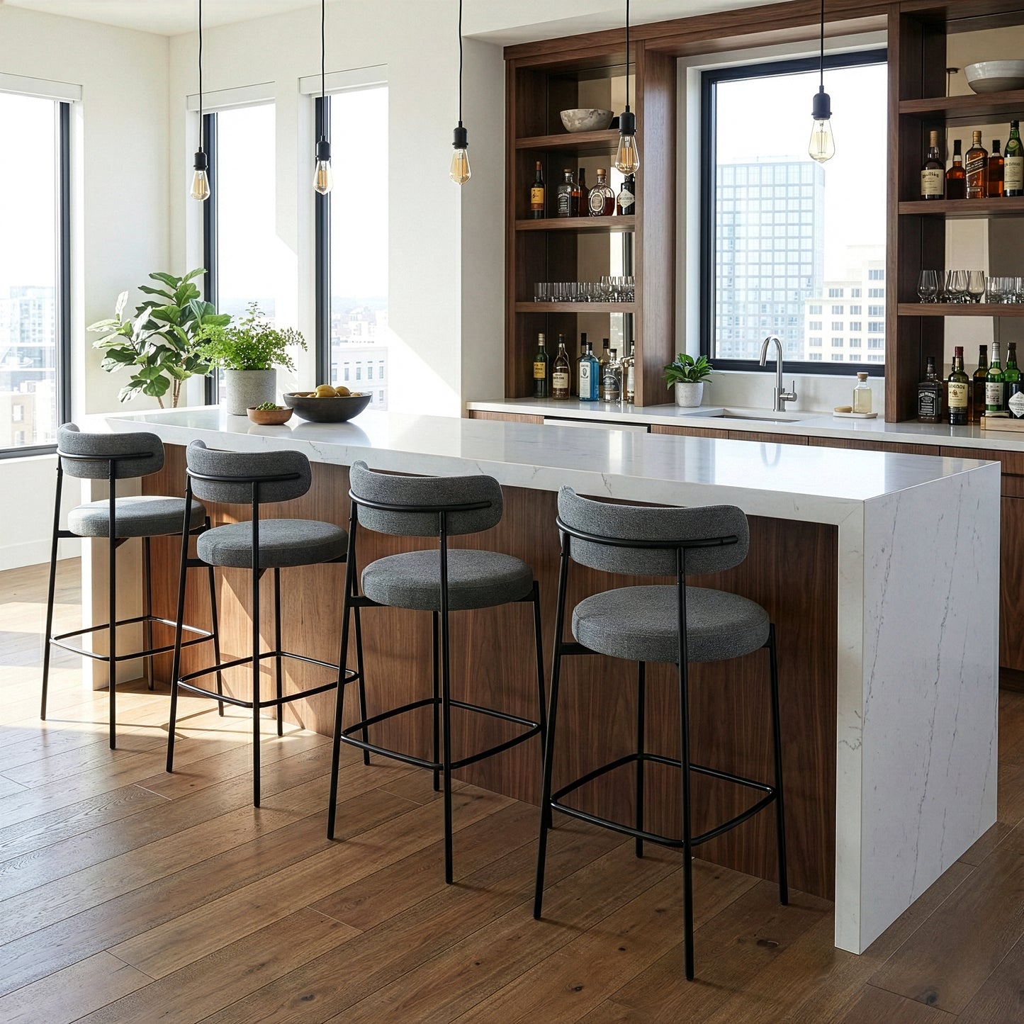 Set of 2 Awen Gray Boucle Bar Stool with Black Legs