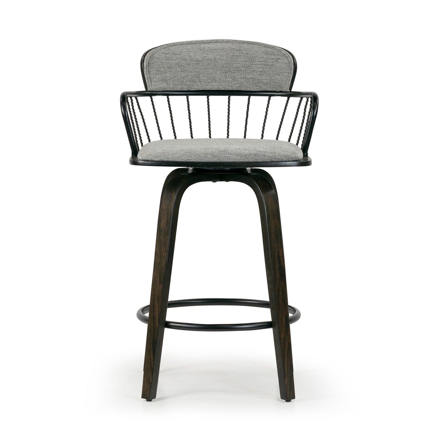 Set of 2 Baker Gray Fabric Counter Stool with Black Iron Back and Wood Legs