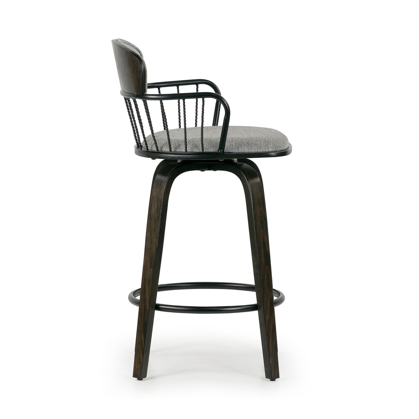 Set of 2 Baker Gray Fabric Counter Stool with Black Iron Back and Wood Legs