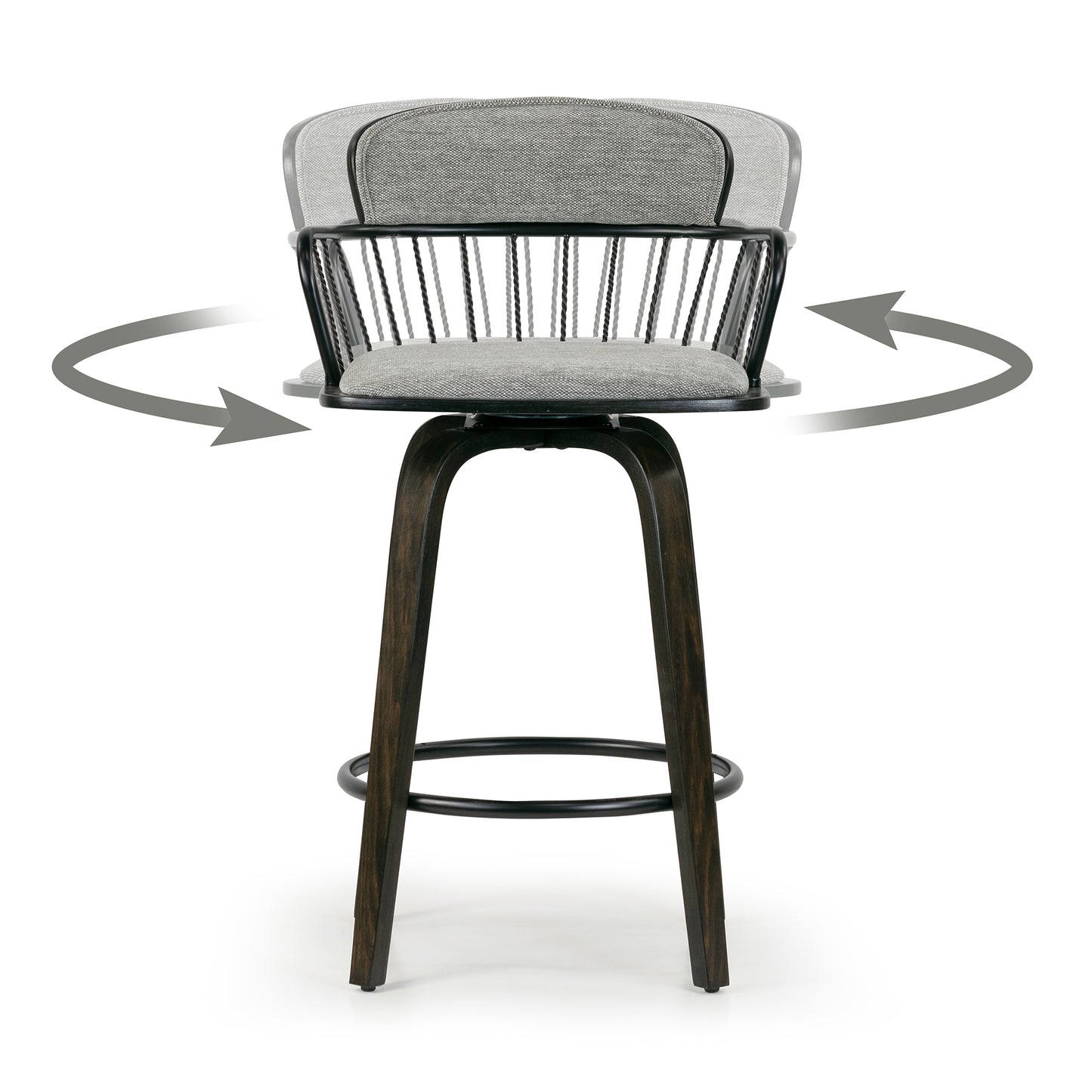 Set of 2 Baker Gray Fabric Counter Stool with Black Iron Back and Wood Legs