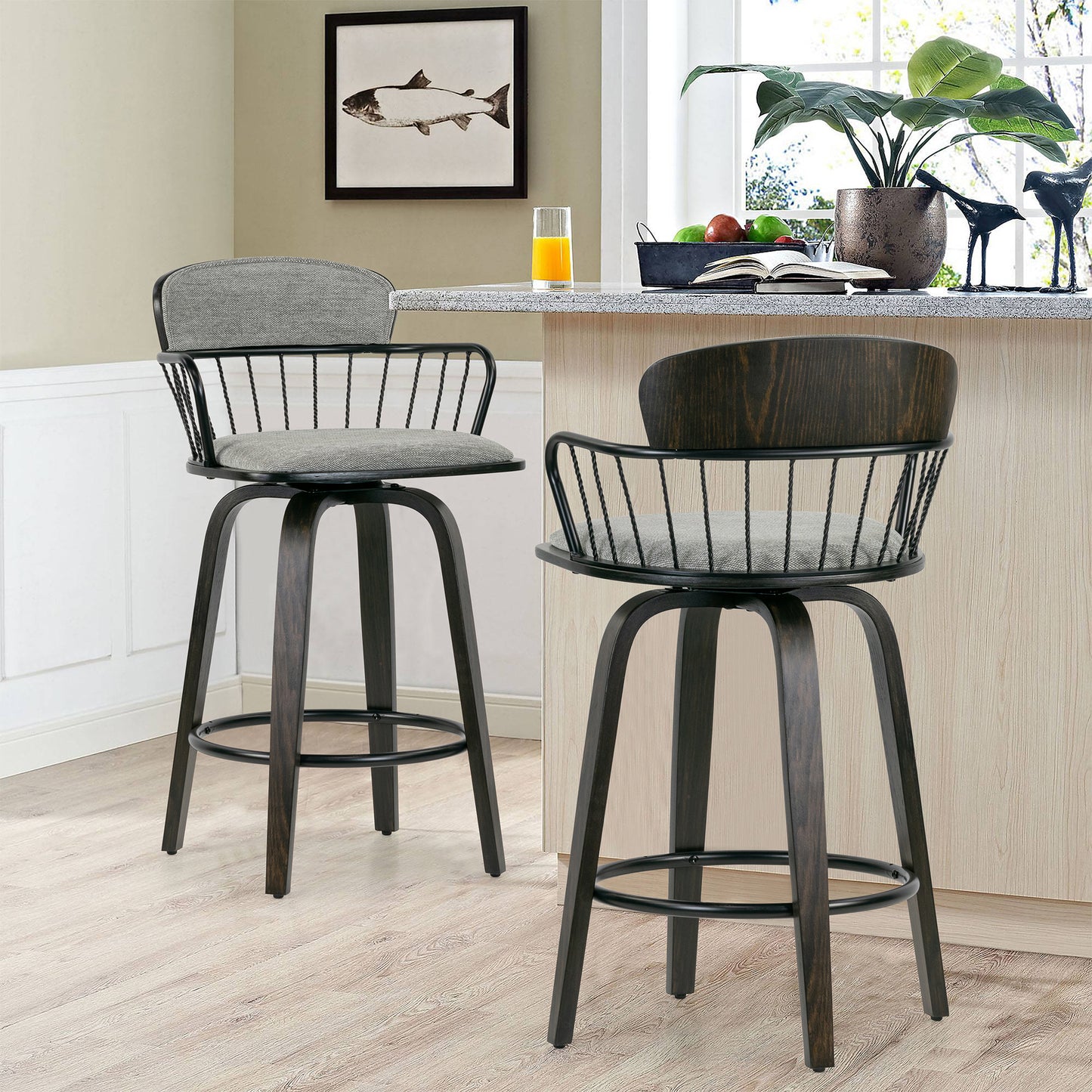 Set of 2 Baker Gray Fabric Counter Stool with Black Iron Back and Wood Legs