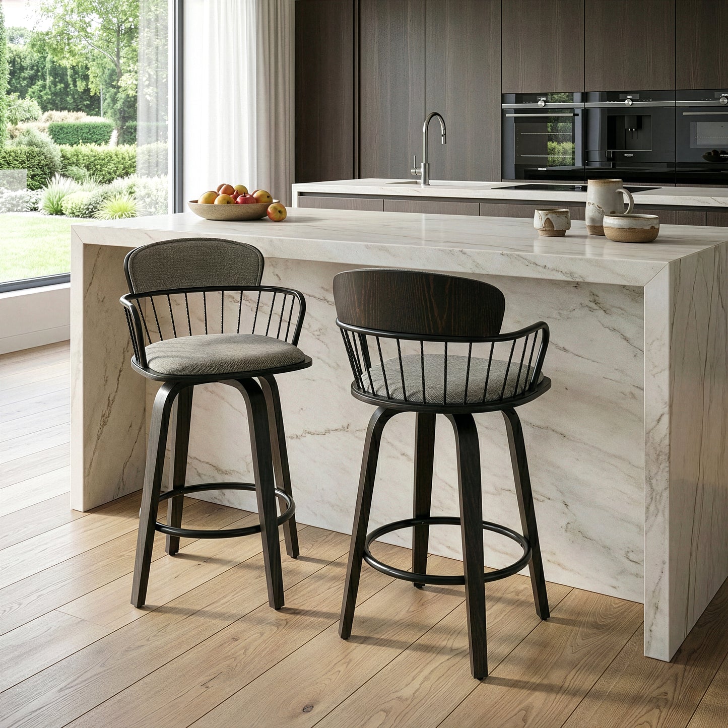 Set of 2 Baker Gray Fabric Counter Stool with Black Iron Back and Wood Legs