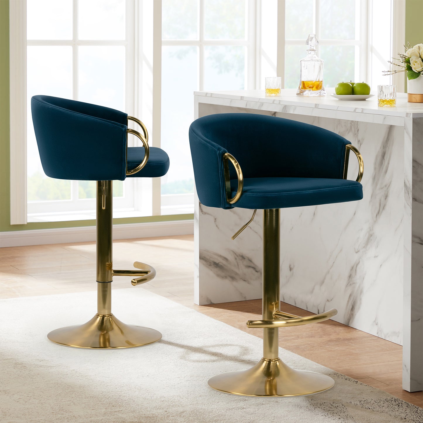 Balder Blue Velvet Fabric Bar Stool with Gold Accent Leg