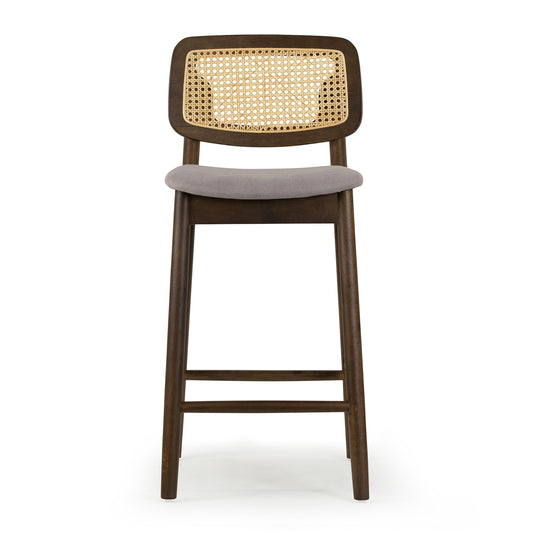Set of 2 Azuka Gray Fabric Counter Stool with Rattan Back and Walnut Wood Legs