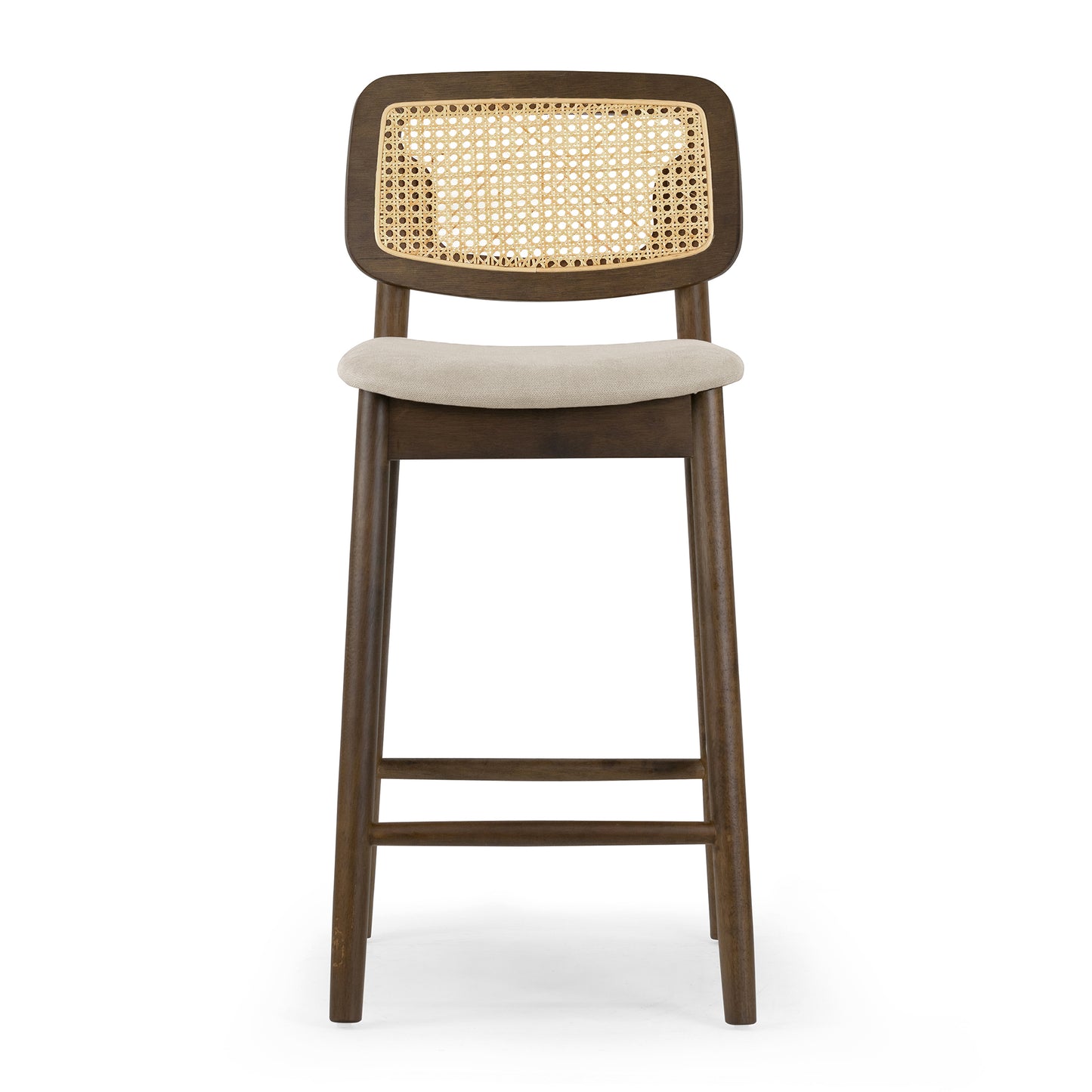 Set of 2 Azuka Beige Fabric Counter Stool with Rattan Back and Walnut Wood Legs