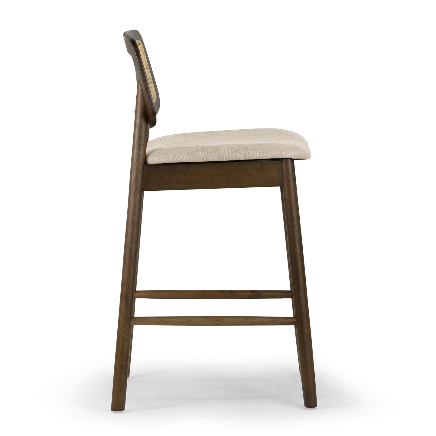 Set of 2 Azuka Beige Fabric Counter Stool with Rattan Back and Walnut Wood Legs