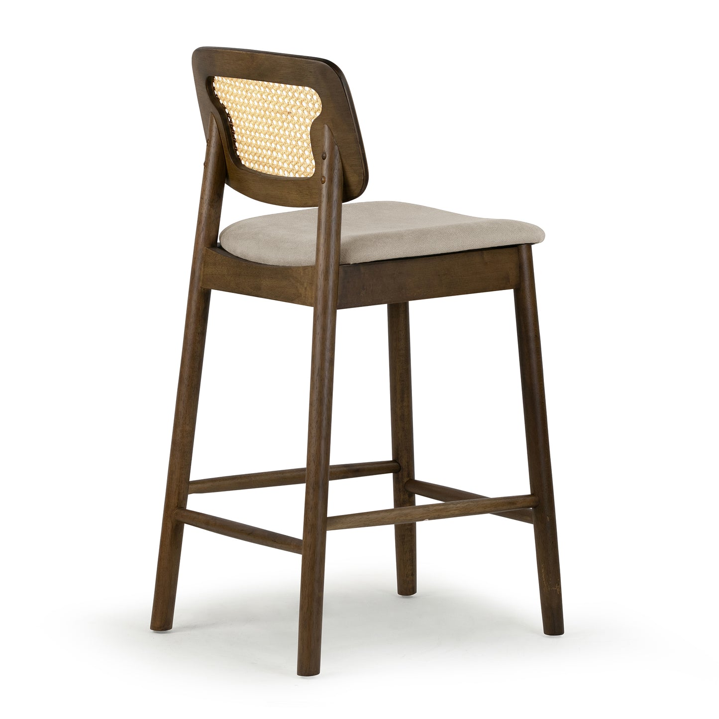 Set of 2 Azuka Beige Fabric Counter Stool with Rattan Back and Walnut Wood Legs