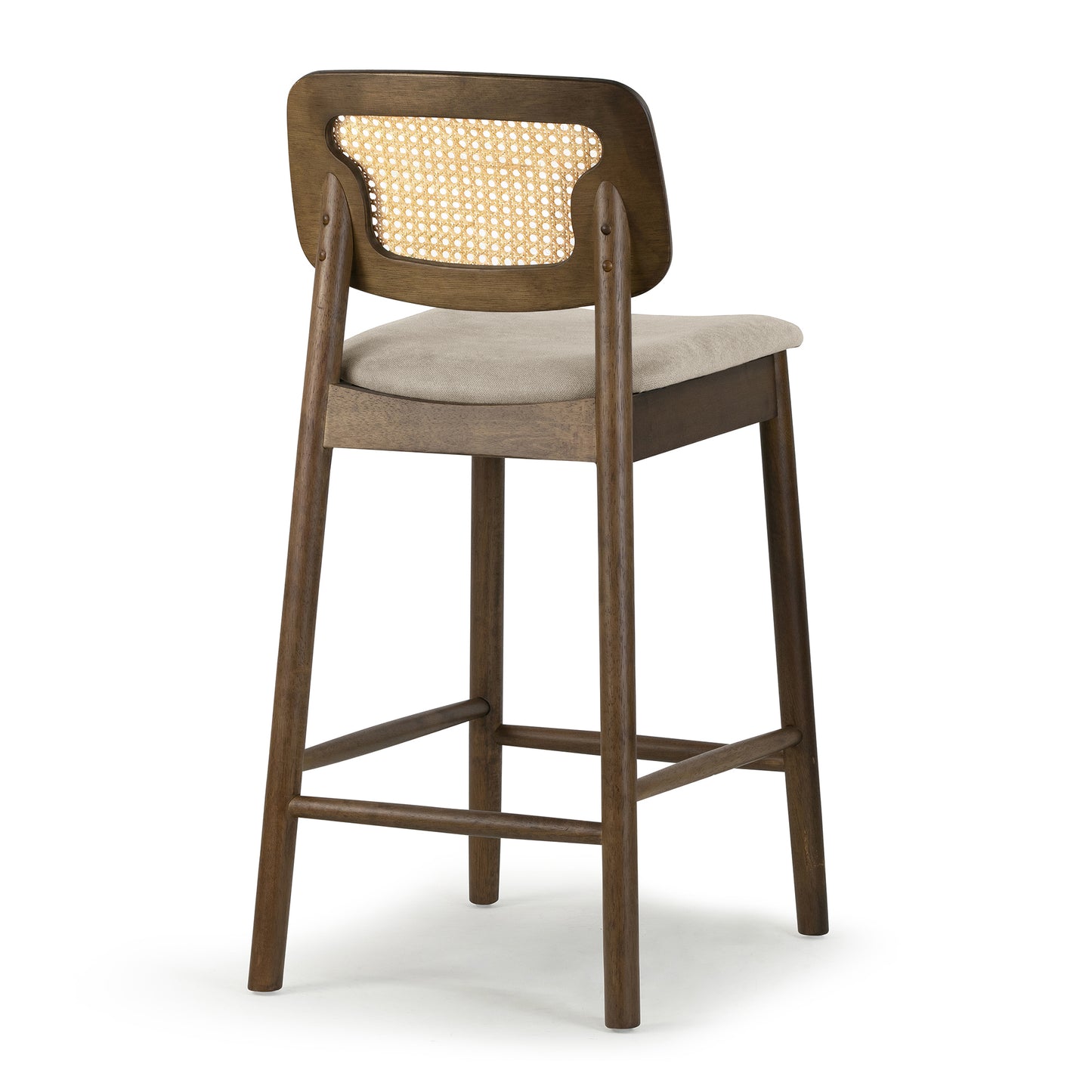 Set of 2 Azuka Beige Fabric Counter Stool with Rattan Back and Walnut Wood Legs