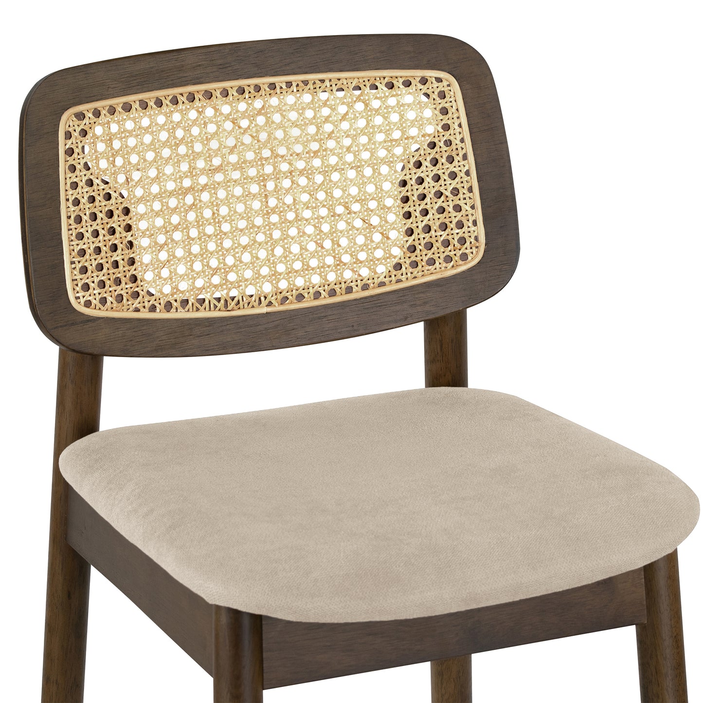 Set of 2 Azuka Beige Fabric Counter Stool with Rattan Back and Walnut Wood Legs