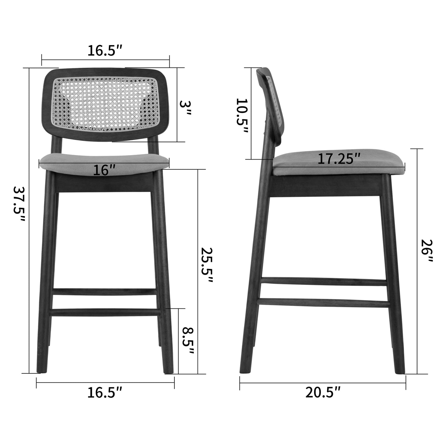 Set of 2 Azuka Beige Fabric Counter Stool with Rattan Back and Walnut Wood Legs
