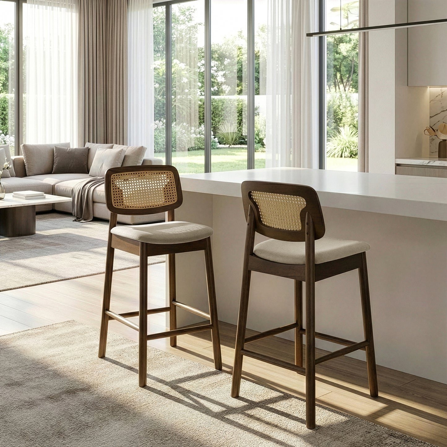 Set of 2 Azuka Beige Fabric Counter Stool with Rattan Back and Walnut Wood Legs