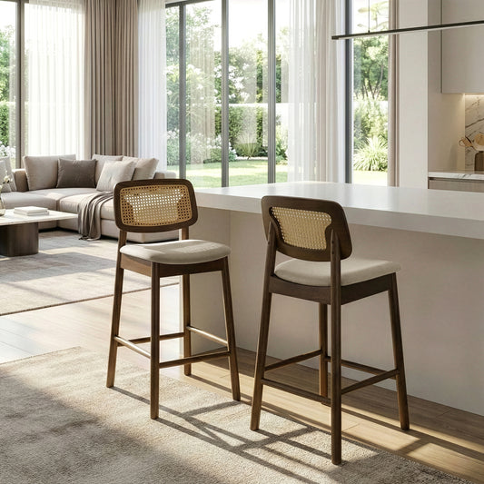 Set of 2 Azuka Beige Fabric Counter Stool with Rattan Back and Walnut Wood Legs