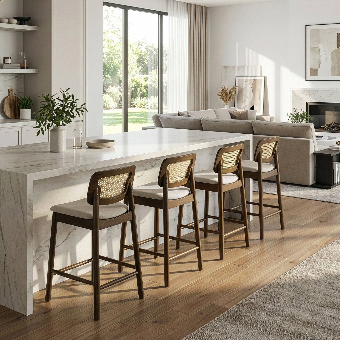 Set of 2 Azuka Beige Fabric Counter Stool with Rattan Back and Walnut Wood Legs