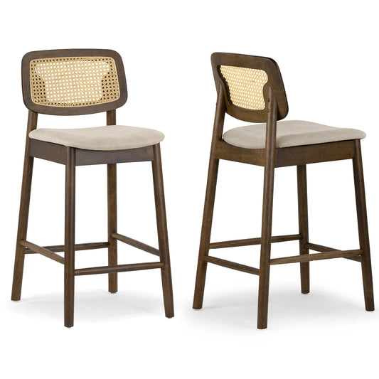 Set of 2 Azuka Beige Fabric Counter Stool with Rattan Back and Walnut Wood Legs