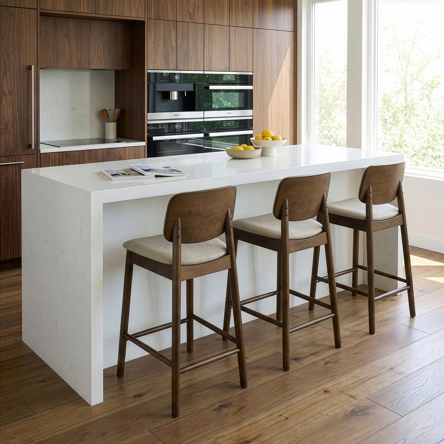 Set of 2 Azura Beige Fabric Counter Stool with Walnut Wood Legs