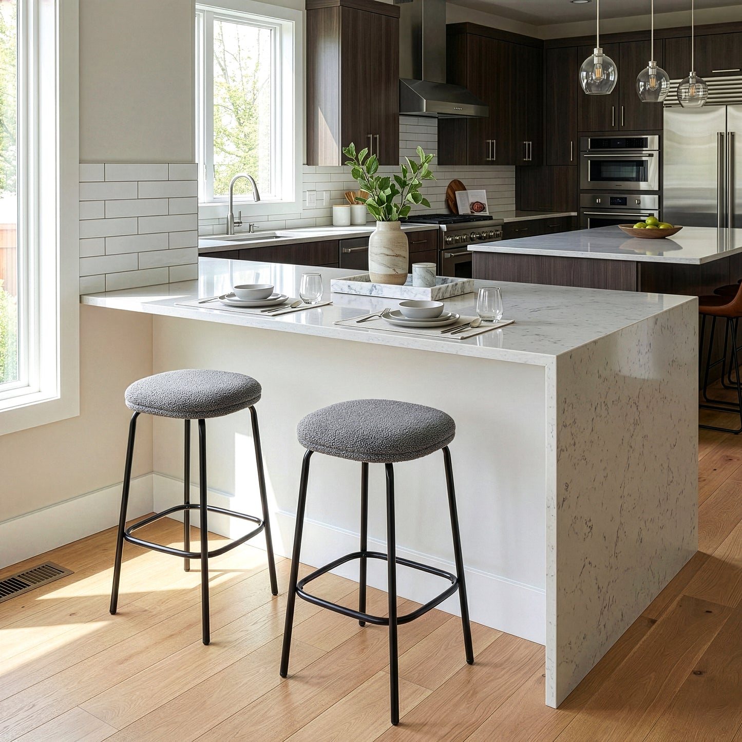 Set of 2 Ayana Gray Boucle Backless Counter Stool with Black Iron Legs