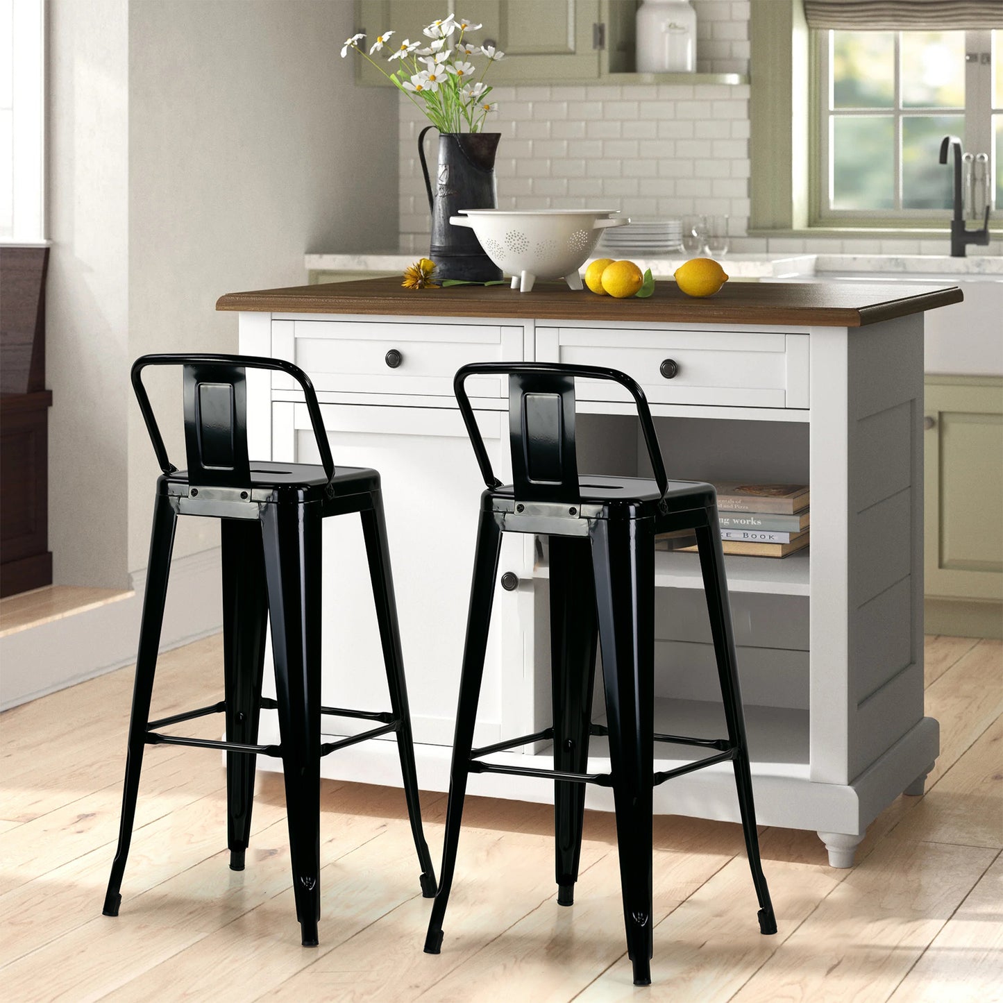 Set of 2 Barto Black Metal Bar Stool with Open Backrest