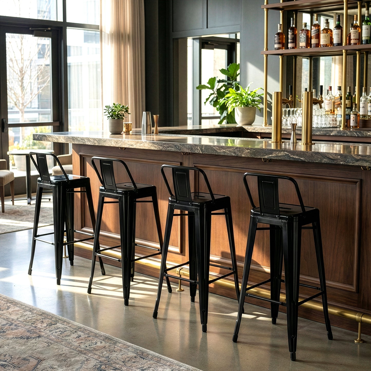 Set of 2 Barto Black Metal Bar Stool with Open Backrest