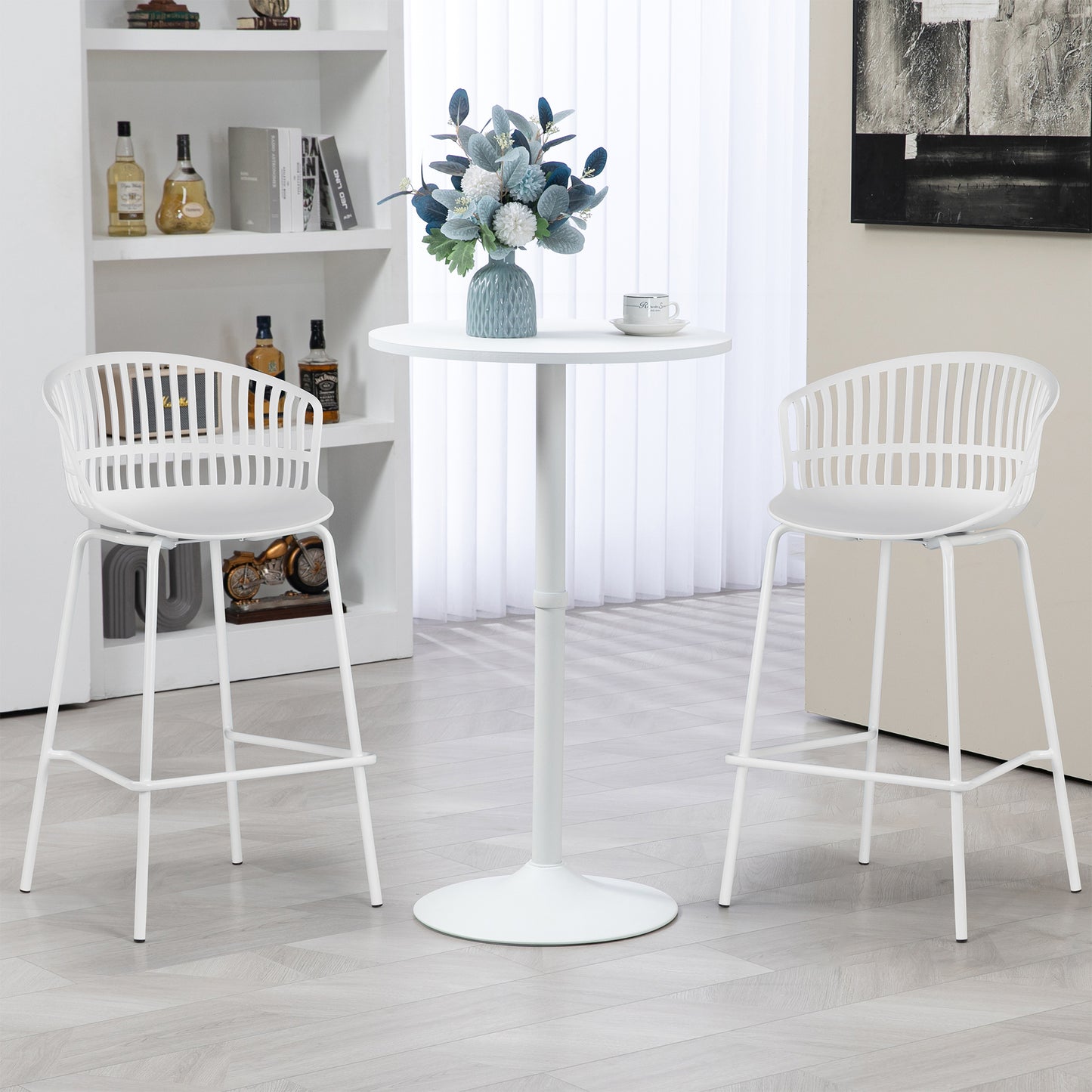 Set of 2 Basia White Plastic Counter Stool with Slatted Back and Iron Legs