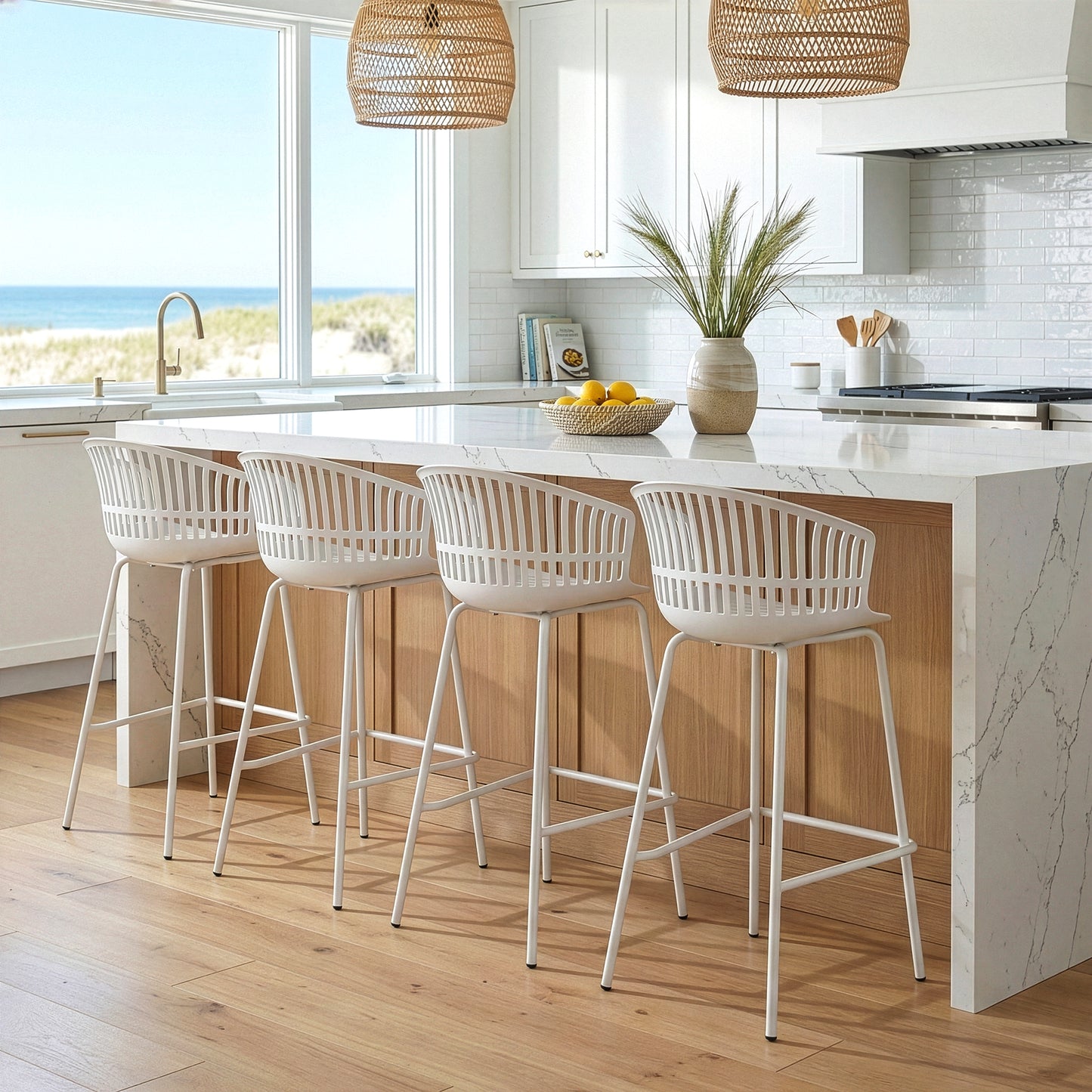 Set of 2 Basia White Plastic Counter Stool with Slatted Back and Iron Legs