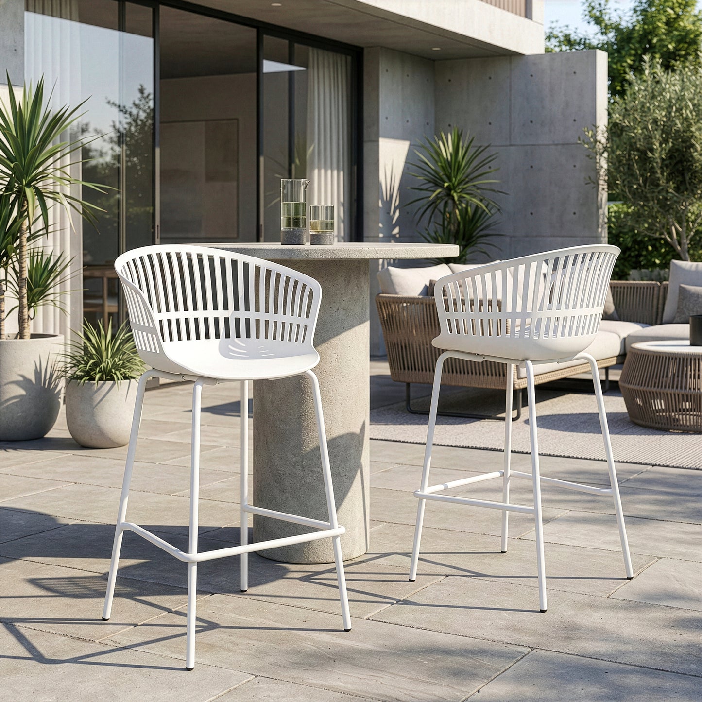 Set of 2 Basia White Plastic Counter Stool with Slatted Back and Iron Legs