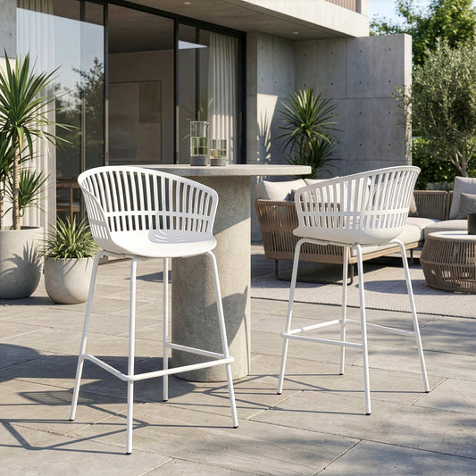 Set of 2 Basia White Plastic Counter Stool with Slatted Back and Iron Legs