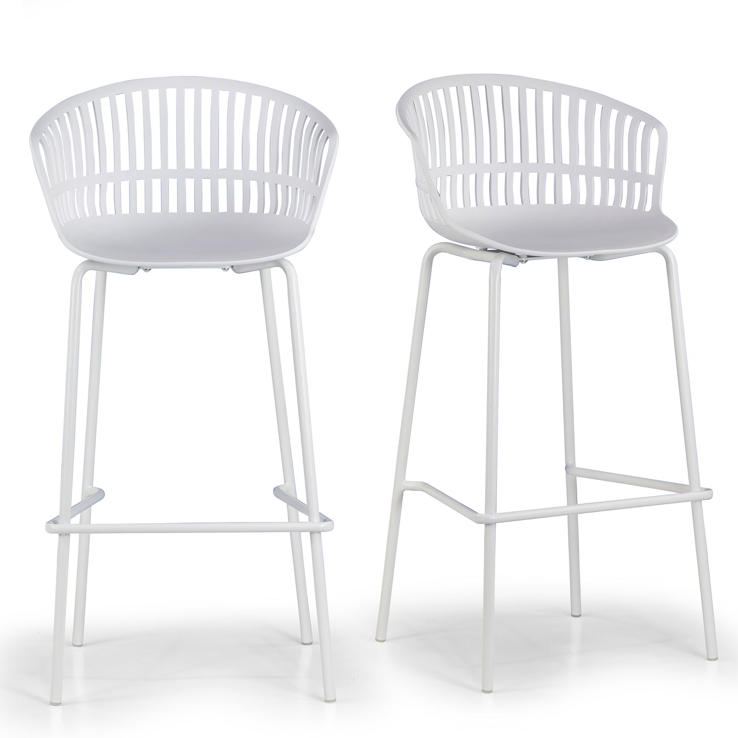 Set of 2 Basil White Plastic Bar Stool with Slatted Back and Iron Legs