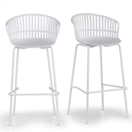 Set of 2 Basil White Plastic Bar Stool with Slatted Back and Iron Legs