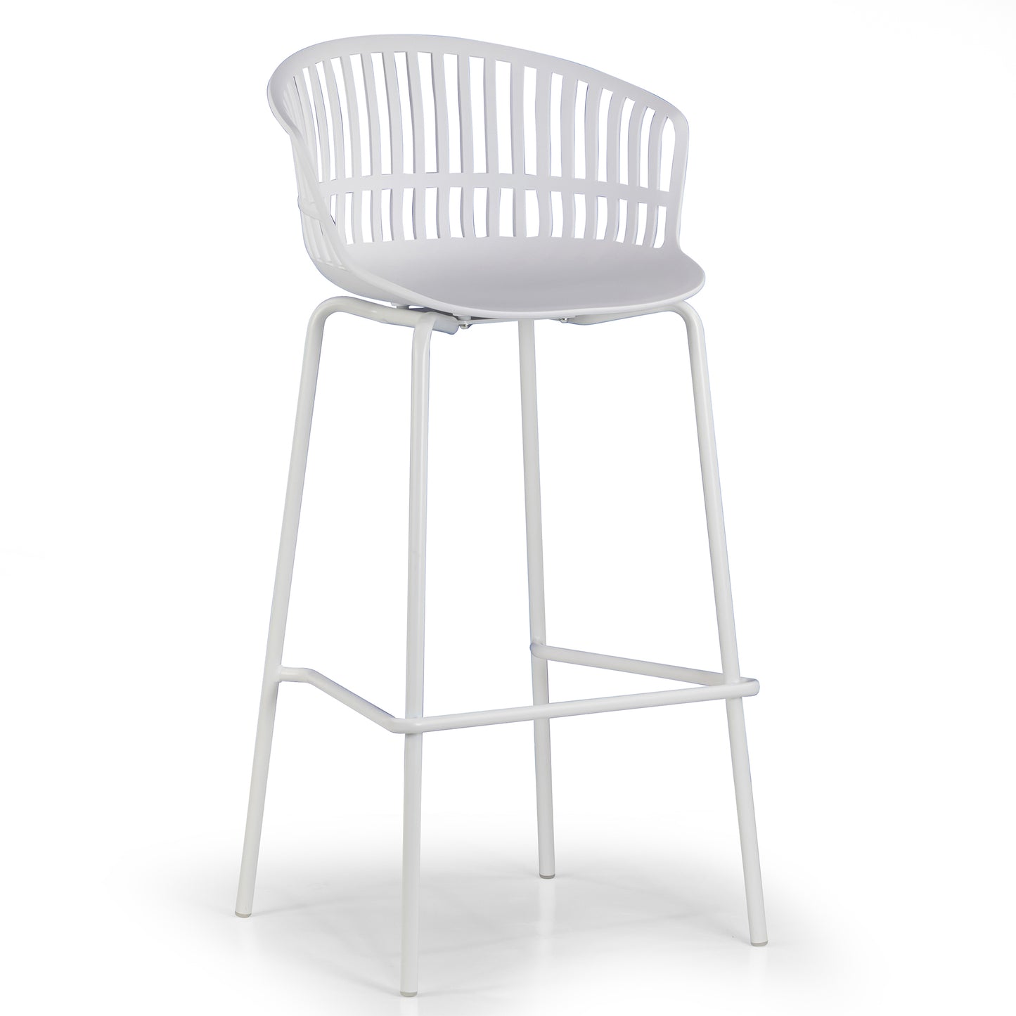 Set of 2 Basil White Plastic Bar Stool with Slatted Back and Iron Legs