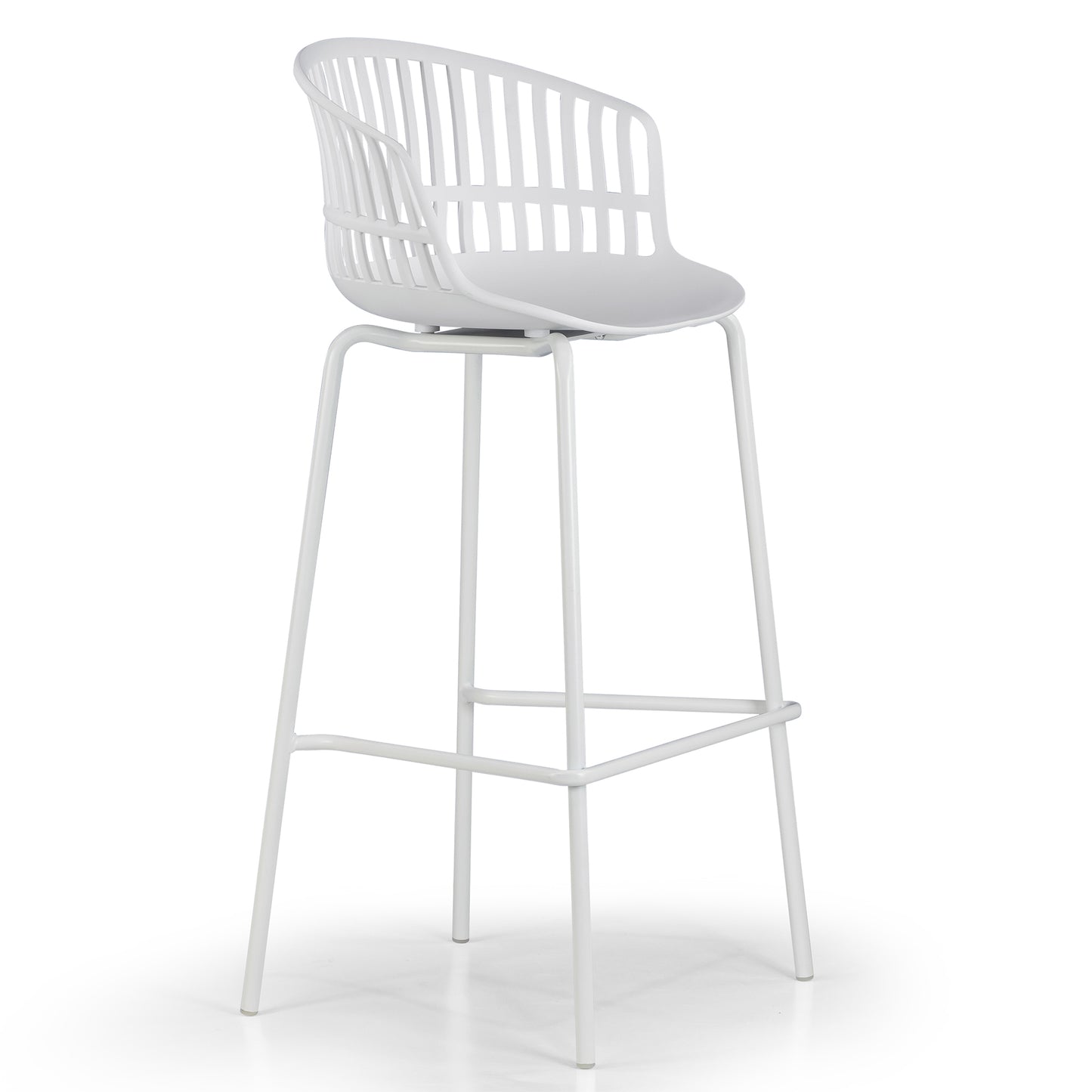Set of 2 Basil White Plastic Bar Stool with Slatted Back and Iron Legs
