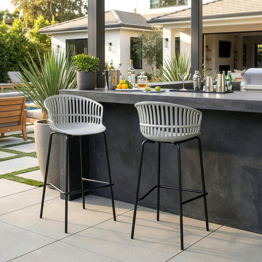 Set of 2 Basil Gray Plastic Bar Stool with Slatted Back and Iron Legs