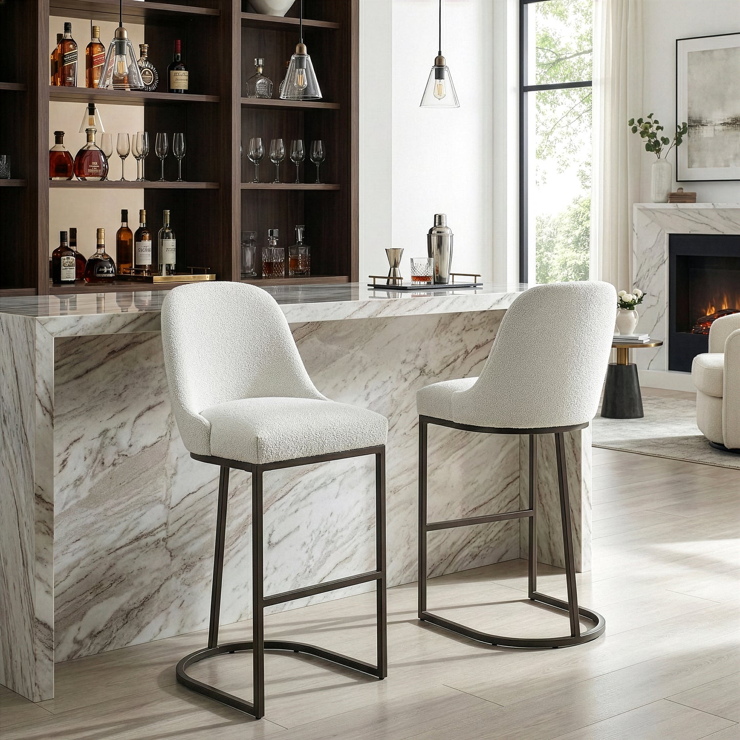 Set of 2 Ayane White Boucle Fabric Bar Stool with Iron Legs