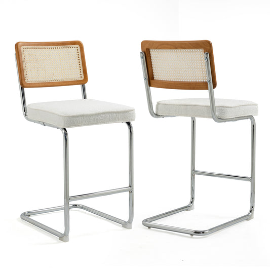 Set of 2 Ayers White Boucle Fabric Counter Stool with Rattan Backrest and Chrome Legs
