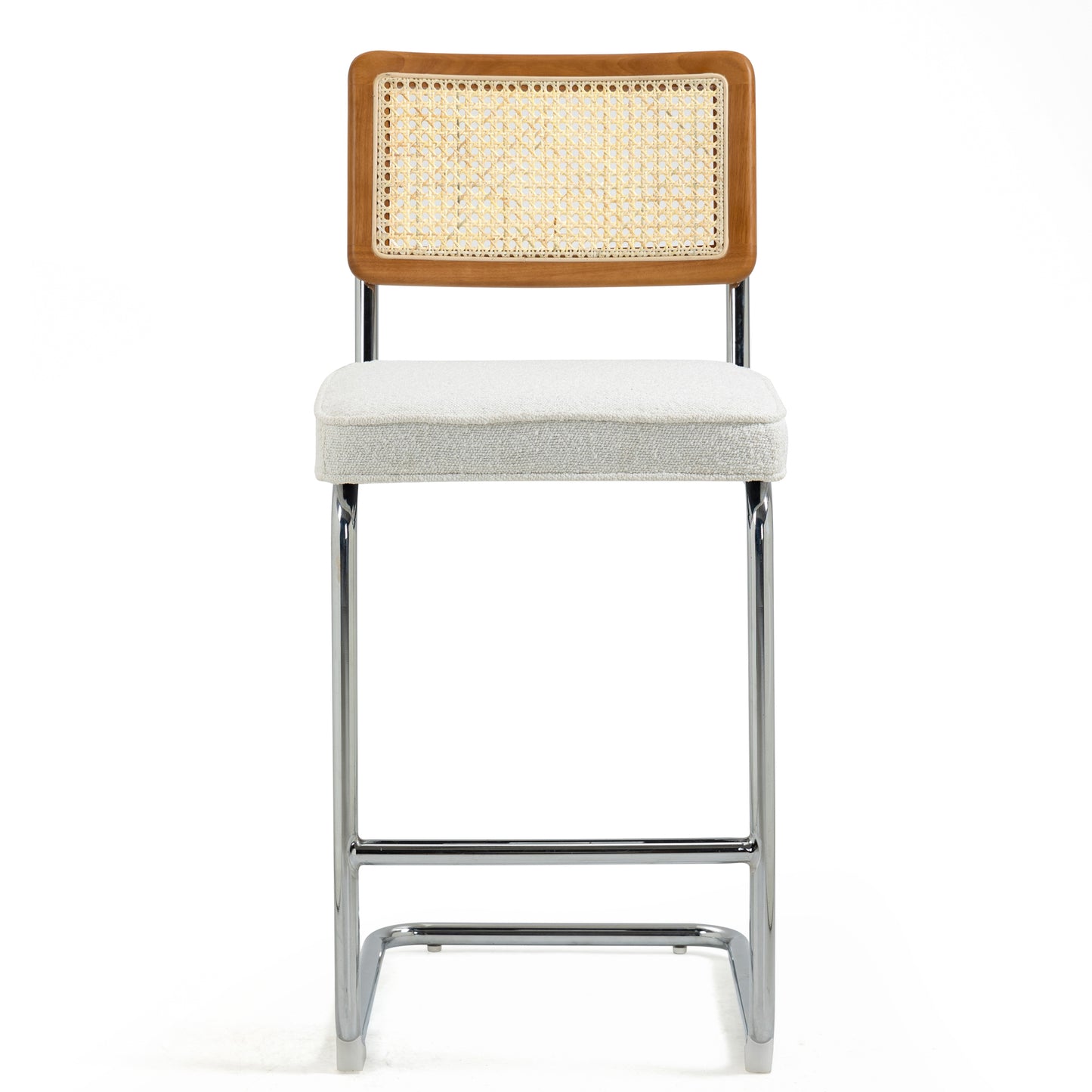 Set of 2 Ayers White Boucle Fabric Counter Stool with Rattan Backrest and Chrome Legs